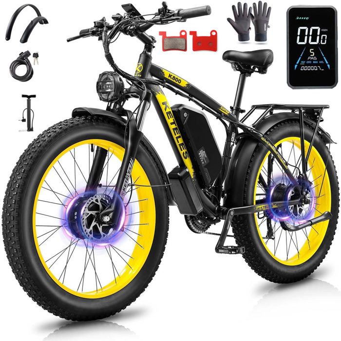 KETELES K800-2000W vélo électrique à double moteur avant et arrière-21 vitesses-batterie Samsung 23AH-pneus tout-terrain 26*4-jaune