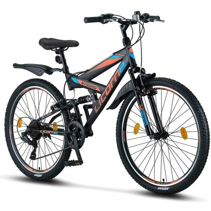 Vélo – LICORNE – VTT 26″ Premium – Noir/Bleu/Orange – 21 Vitesses – Suspension Complète