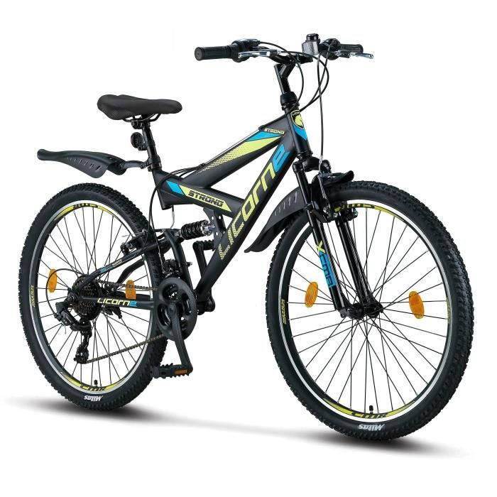 Vélo – LICORNE – VTT 26″ Premium – Noir/Bleu/Vert citron – 21 vitesses – Suspension complète