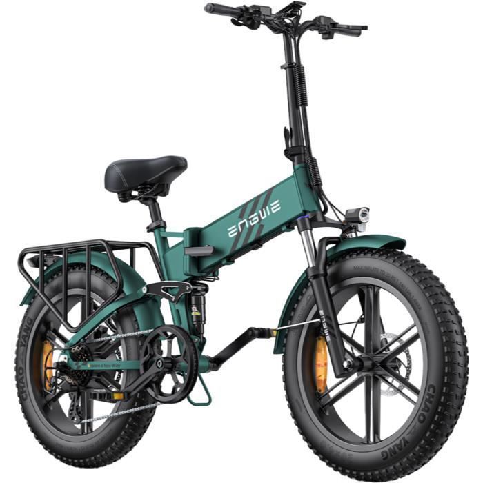 velo electrique pliable ENGWE ENGINE Pro 2.0 Autonomie 110km Batterie 52V16Ah Tout suspendu Pneus snow 20 pouces VTT Fat bike Vert
