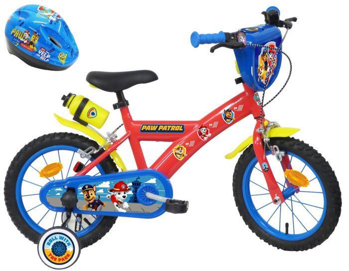 Vélo enfant 14″ Pat Patrouille équipé de 2 freins, Bidon/Porte Bidon, Garde Boue, Plaque avant, stabilisateurs amovibles + CASQUE !