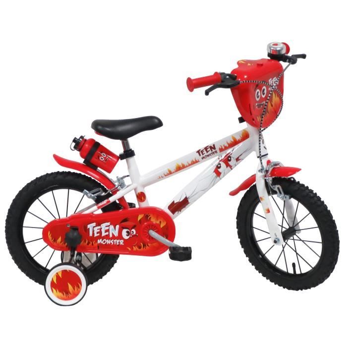 Vélo Enfant 14″ TEEN MONSTER Garçon ( taille 90 cm à 105 cm ) Blanc & Rouge, équipé de 2 Freins, Gourde, Porte gourde, Plaque