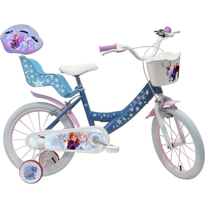 Vélo enfant fille 16 » Reine des Neiges / Frozen équipé de 2 freins + Porte Poupée – Panier avant – Stabilisateurs et Casque Frozen