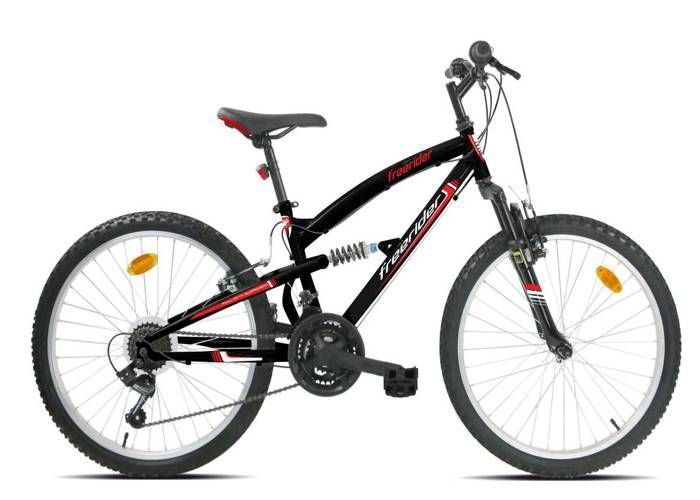 Vélo VTT 24 » Tout Suspendu équipé de 18 vitesses via un dérailleur Shimano, de Freins V-Brake et de Jantes en Aluminium,